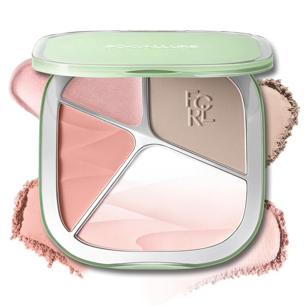 Paleta de Iluminador e Contorno FOCALLURE, Pó de Contorno Facial Tudo-em-Um com Iluminador Gradiente e Tonalidade Matte,