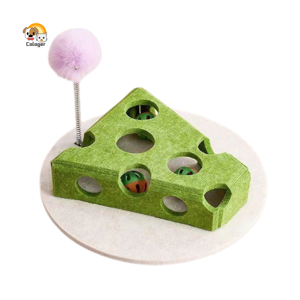 Felt Cat Toy Cheese Shape with 7 Holes Balls Bell Spring Teaser Stick – Interactive Hide-and-seek Maze for Indoor Play