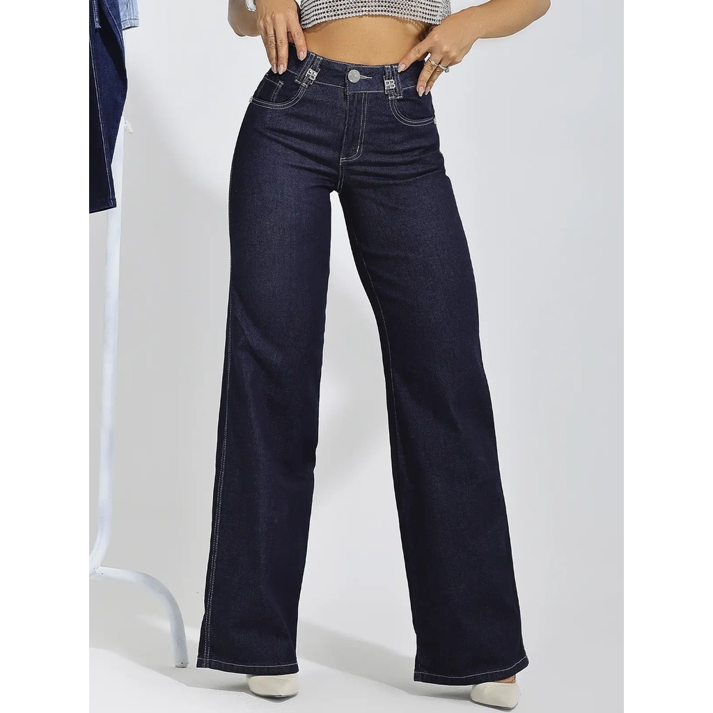 Calça Jeans Feminina Wide Leg Slim Pit Bull Jeans Versátil Com Bojo Removível 90824