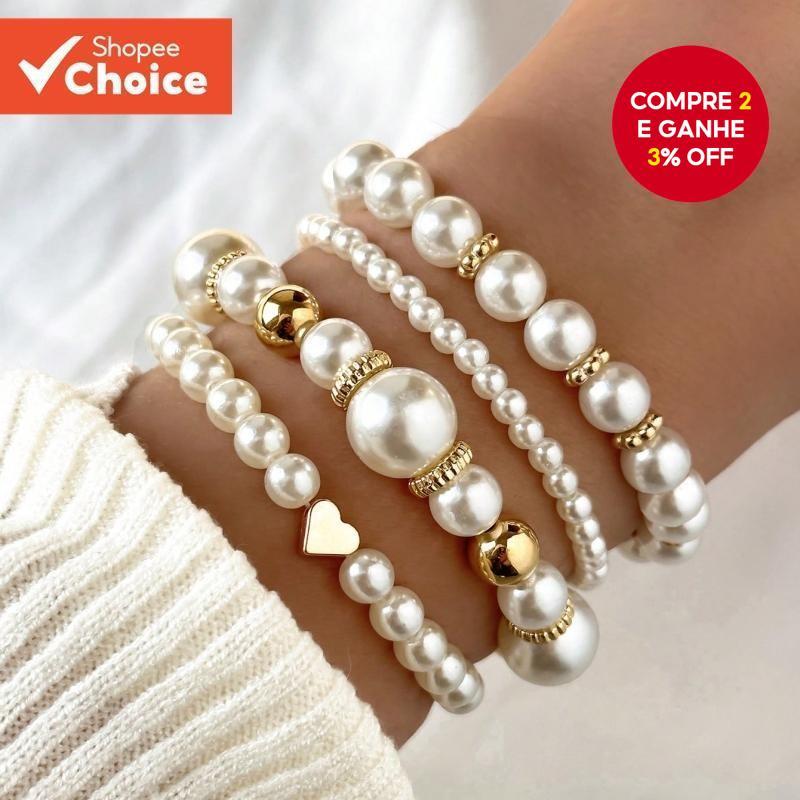 Conjunto De Pulseira Elegante Com Contas De Coração De Pérola Falsa , 4 Unidades , Acessórios Da Moda Para Um Toque Doce