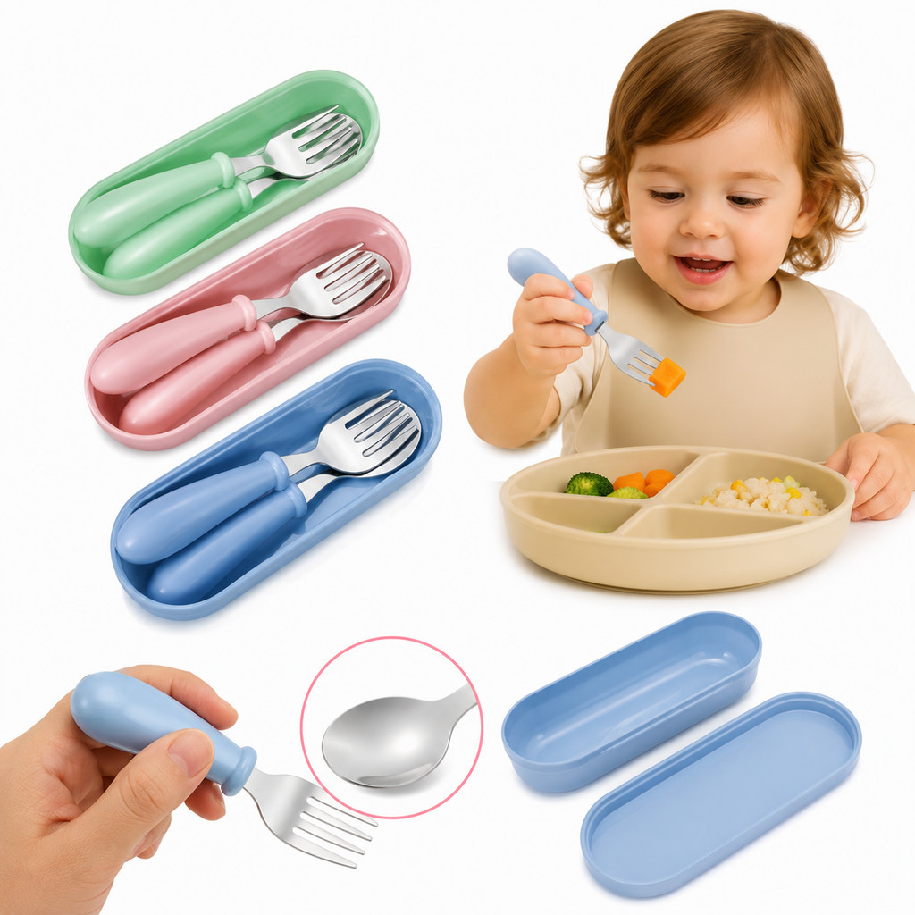 Talheres Infantil Portátil com Estojo Colher e Garfo Aço Inoxidável para Bebês Introdução Alimentar
