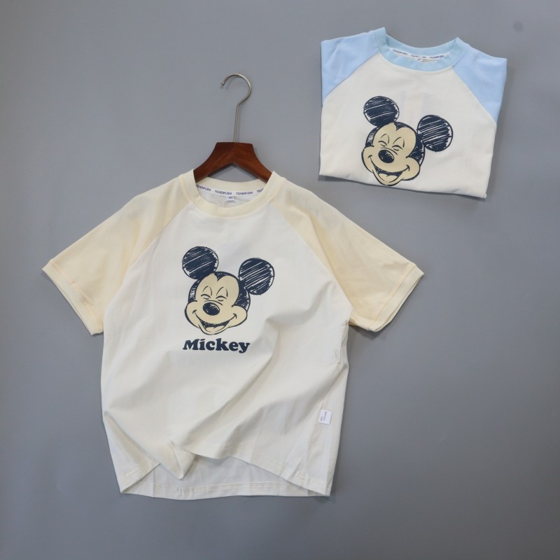 Crianças cor-bloqueando camiseta Casual 120-160 médio grande crianças moda impressão dos desenhos animados bonito confor