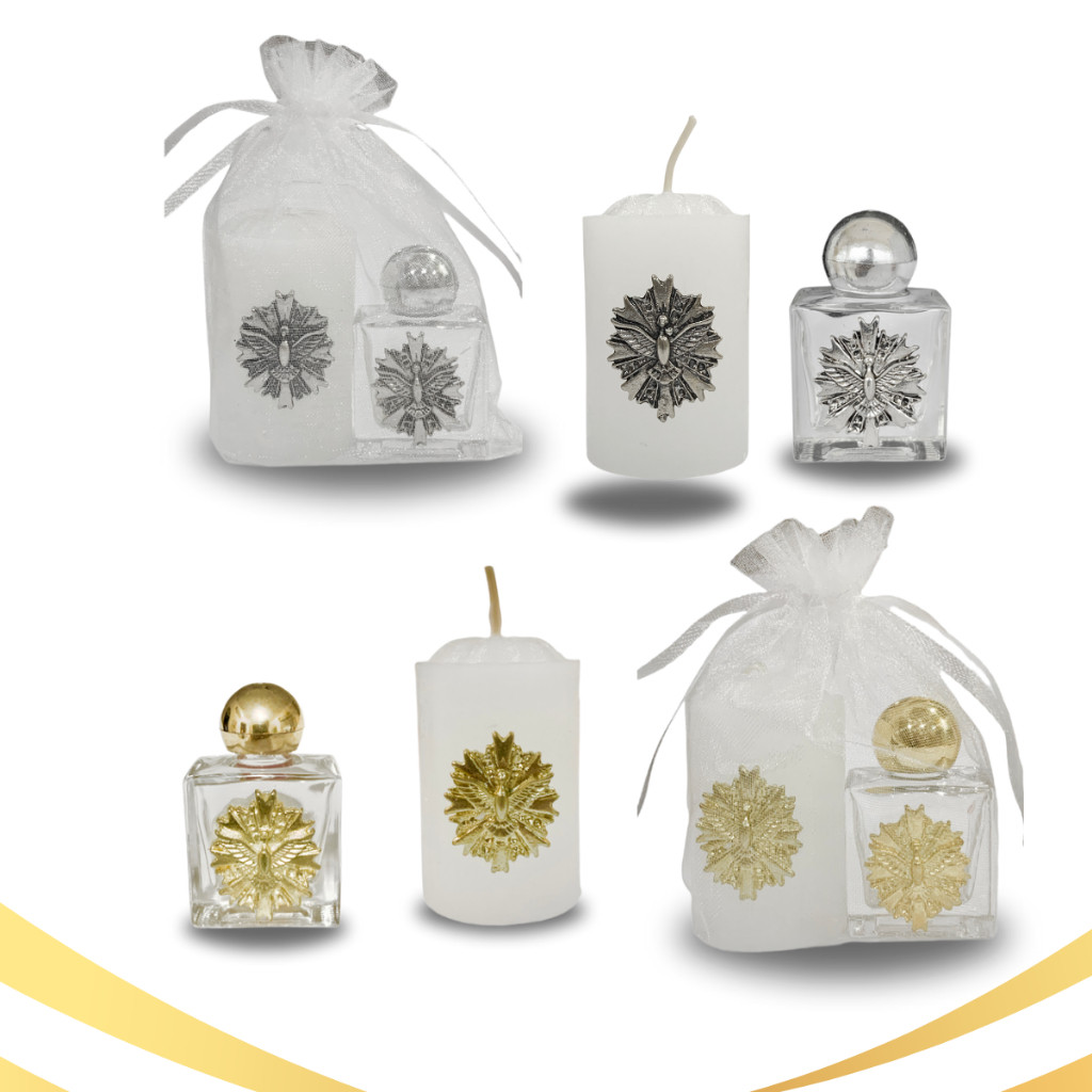 Kit Vela e Frasco para Agua Benta - Divino Espirito Santo -  Lembrança para Crisma, Batizado, Padrinhos - Kits 1, 3 ou 6