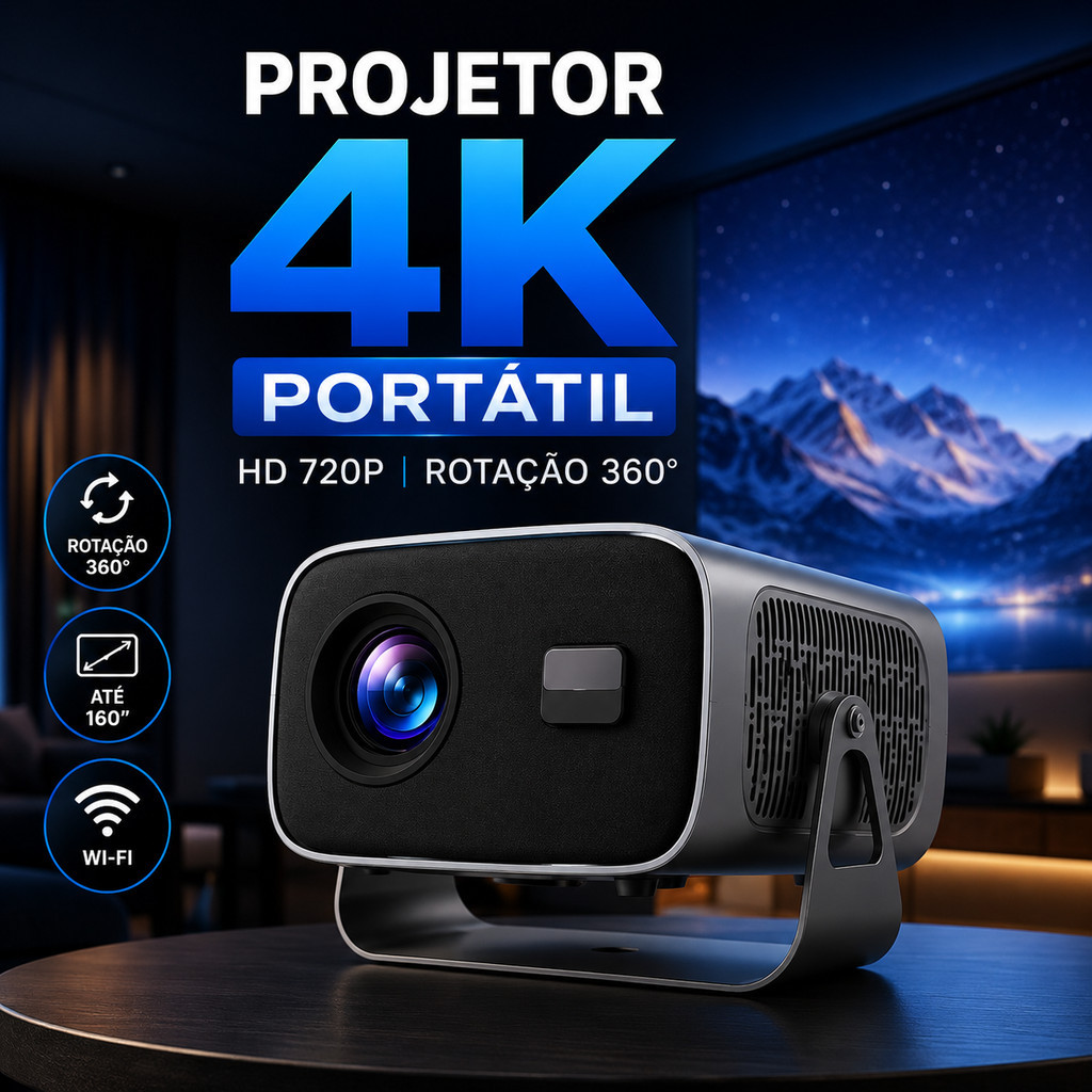 Projetor 4K Portátil HD 720p Rotação 360° HDMI USB Tela Até 160 Polegadas Cinema Em Casa