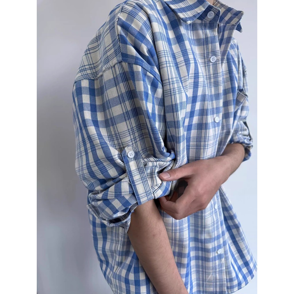 Americano Retro rua xadrez contraste cor primavera outono camisa de manga comprida masculina verão protetor solar Design