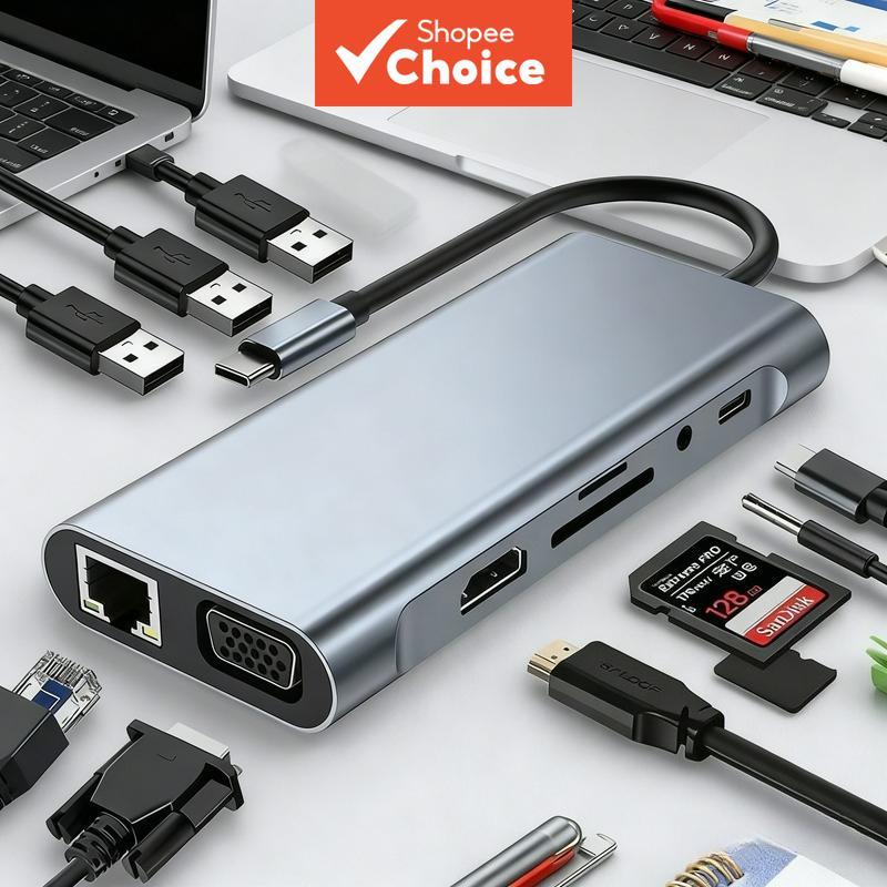 Adaptador 11 em 1 USB 3.0 HDMI 4K VGA Tipo C Leitor de cartões SD/TF, conector de áudio AUX 3,5 mm, hub de portas e