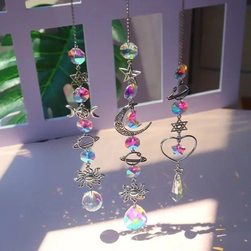 Decoração Para Casa Cristal Vento Carrilhão Lua Sol Apanhador Diamante Prisma Pingente De Sonhos Arco-Íris Caçador Pendu