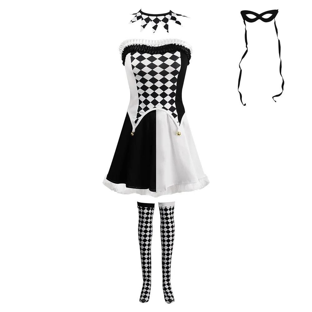Conjunto Completo De Fantasia De Cosplay De Arlequim Preto E Branco Feminino , 5 Peças De Palhaço Com Máscara Meias Para