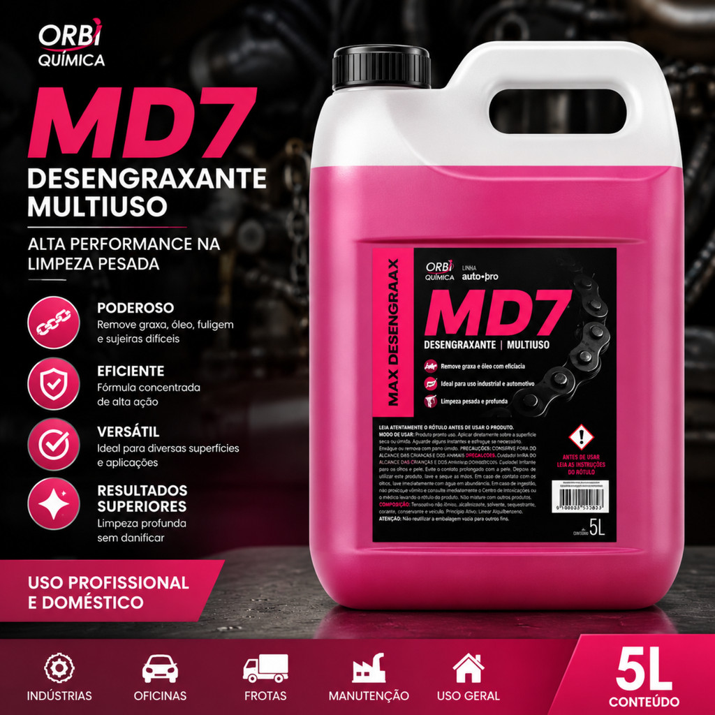 Desengraxante Orbi MD7 Limpa Graxa e Óleo de Motor e Peças Automotivo 5L Ideal para Limpeza Pesada Bicicleta