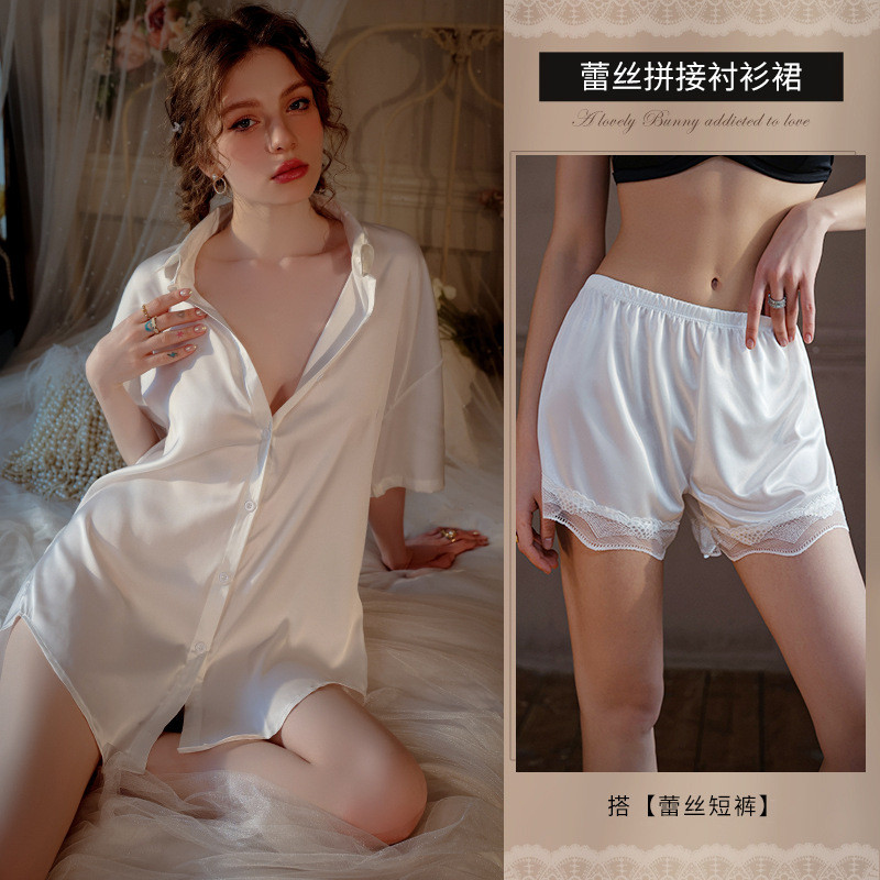 Camisa de renda namorado manga curta feminina verão tamanho grande ata Loungewear fino estilo Sexy