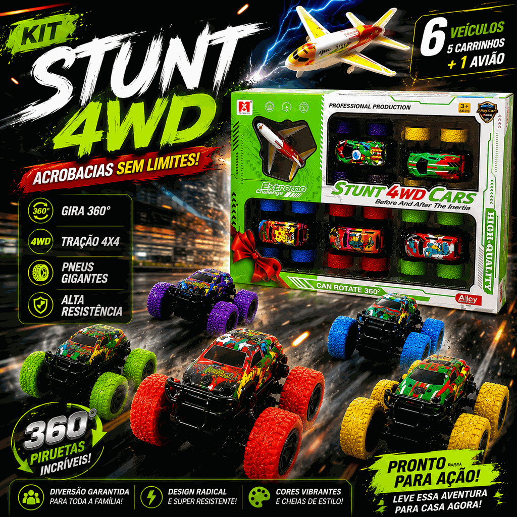 Brinquedos Kit 5 Monster Truck Jipe Carrinhos Monstro Stunt 360° 4X4 Fricção Miniatura SUV C/Avião