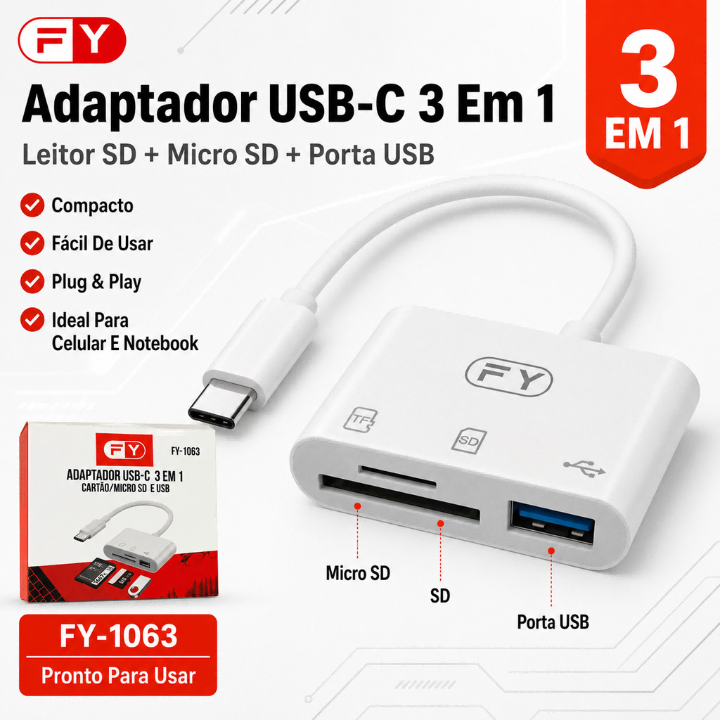 Adaptador USB-C OTG 3 Em 1 Para Celular Notebook Cartão SD Micro SD