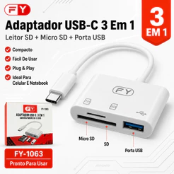 Adaptador USB-C OTG 3 Em 1 Para Celular Notebook Cartão SD Micro SD