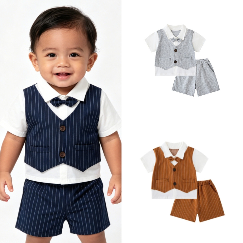 Cavalheiro Chefe Roupa De Bebê 1 Ano Listra Colete Falso Camisa Polo Shorts Gravata Borboleta Terno Para Menino Aniversá
