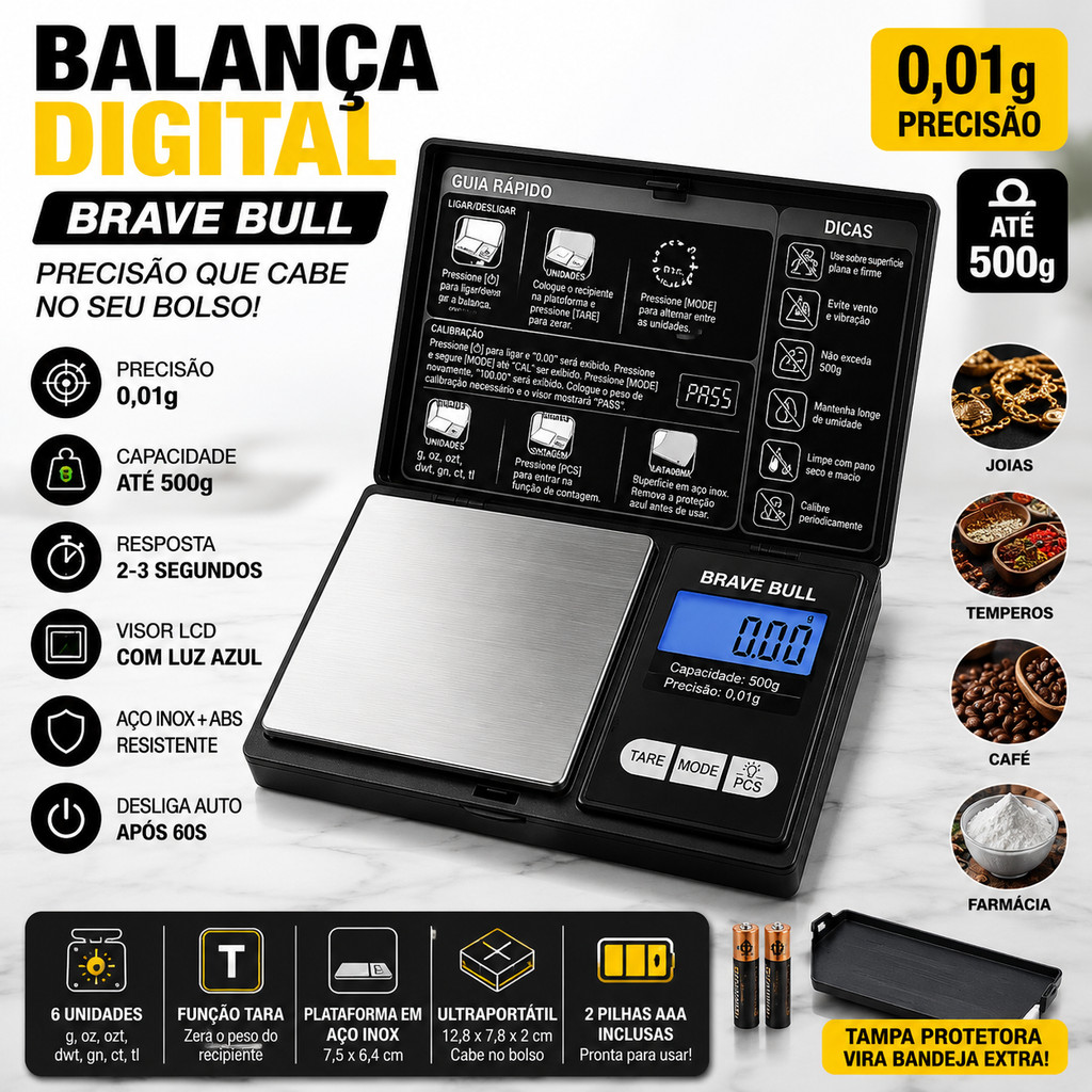 Balança Digital Portátil 0,01g Precisão até 500g – Mini com Função Tara e Display LCD