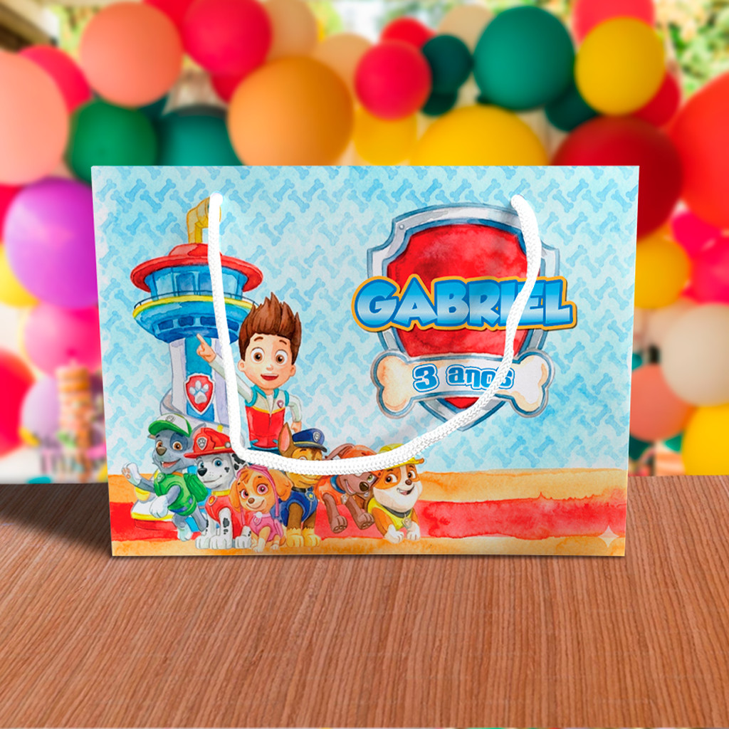 Sacolinha de Festa Patrulha Canina Aquarela Lembrancinha Personalizada Kit Festa Sacola Deitada Reta Chase Marshall Skye