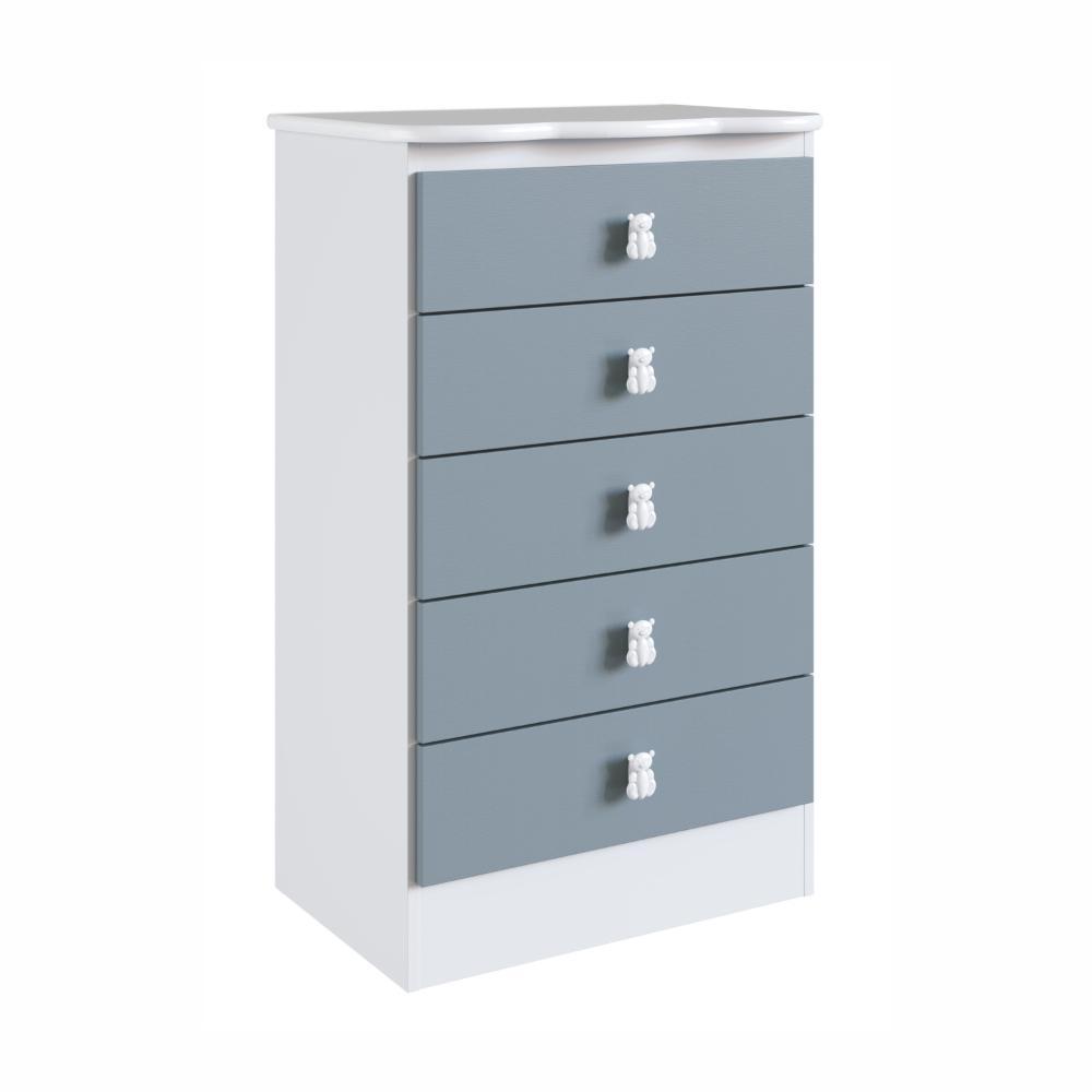 Cômoda Infantil Percasa Ursinho 5 Gavetas 56cm Largura MDP 15mm Azul Corrediças Telescópicas