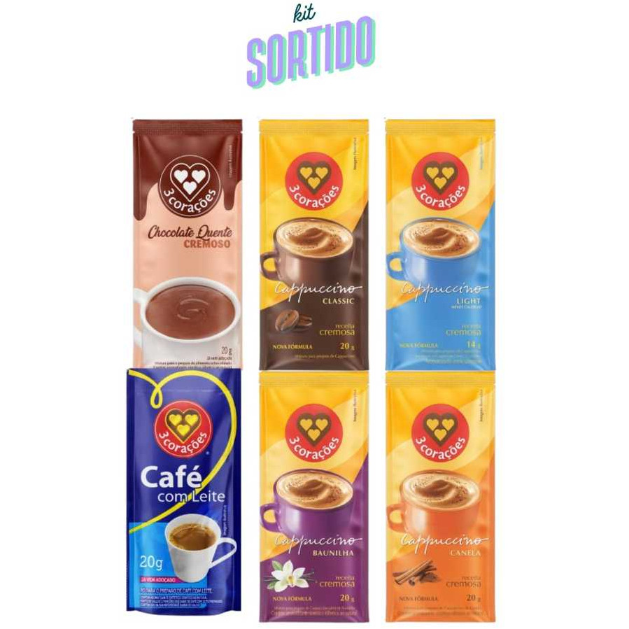 Capuccino 3 Corações Sachê Sortido Kit 5 10 20 30 Un Café com Leite e Cappuccino (
