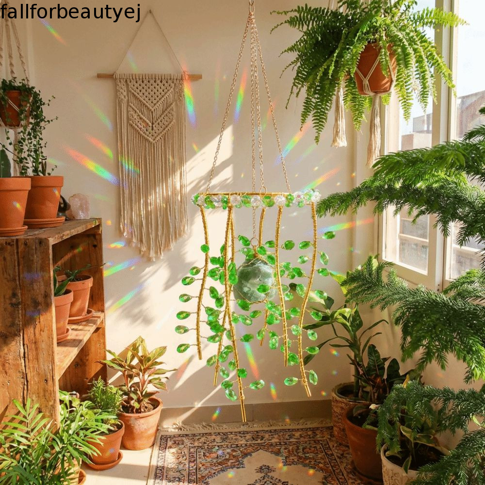 FALLFORBEAUTYEJ Sino De Vento De Salgueiro , Pingente De Vidro De Cristal De Ramo Verde Feito À Mão , Fabricantes De Arc