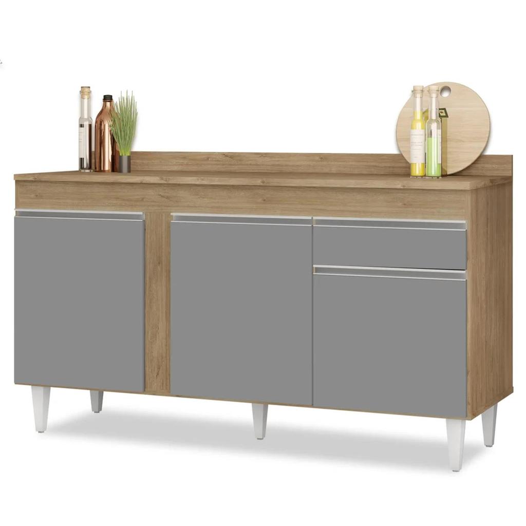 Balcão Gabinete para Pia com Tampo 150cm 3 Portas 1 Gaveta Dakota Castanho/Cinza - Lumil