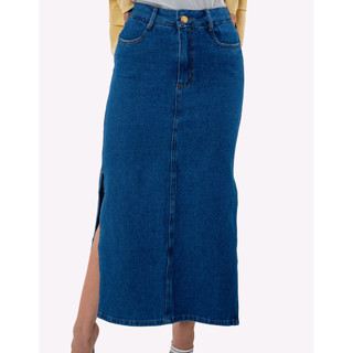 Saia Jeans Longa  Feminina  Com Babado Longa Cintura Alta Evangélica Bolsos