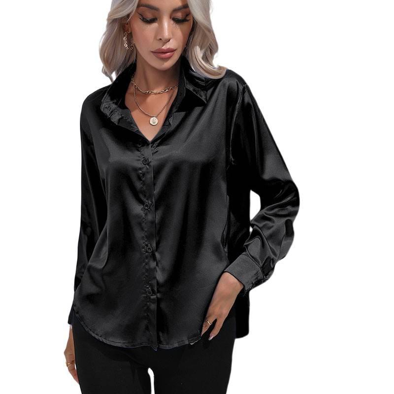 Camisa de Cetim Branca Feminina e Blusa Branca para Mulheres, Blusa com Colarinho e Botões, Camisa Casual Solta de Manga