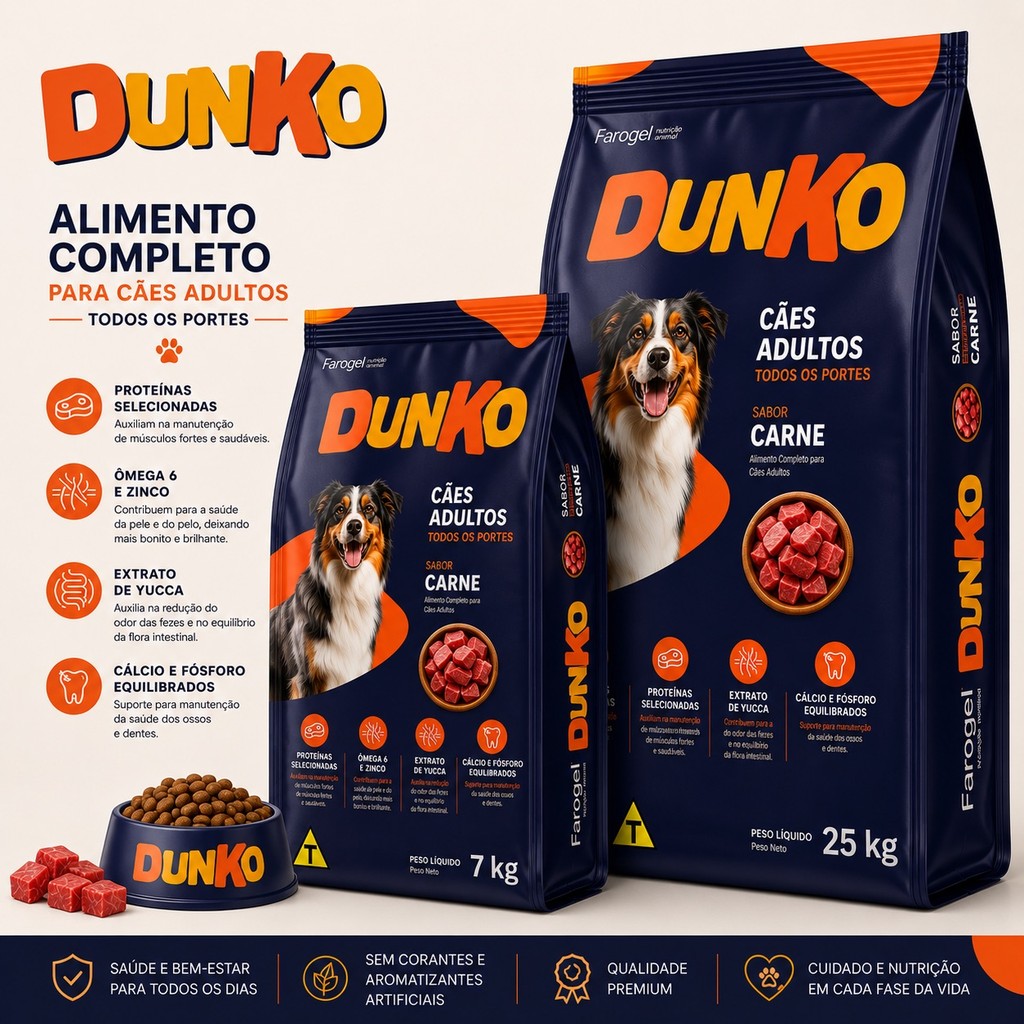 Ração 7 ou 25kg Econômica Para Cão Cachorro Adulto Todas As Raças Sabor Carne Sem Corante Dunko