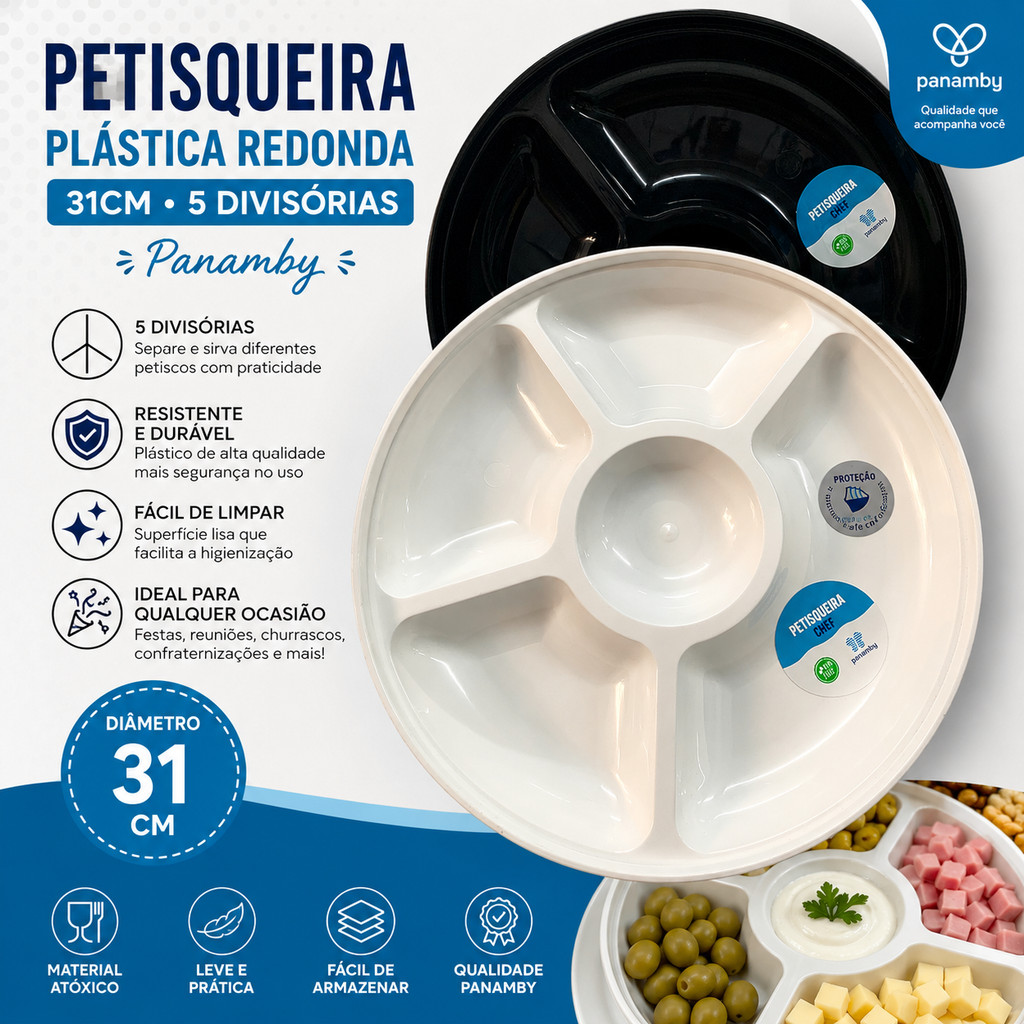 Petisqueira Plástica Redonda 31cm 5 Divisórias Bandeja Petiscos Panamby Branca a pronta entrega