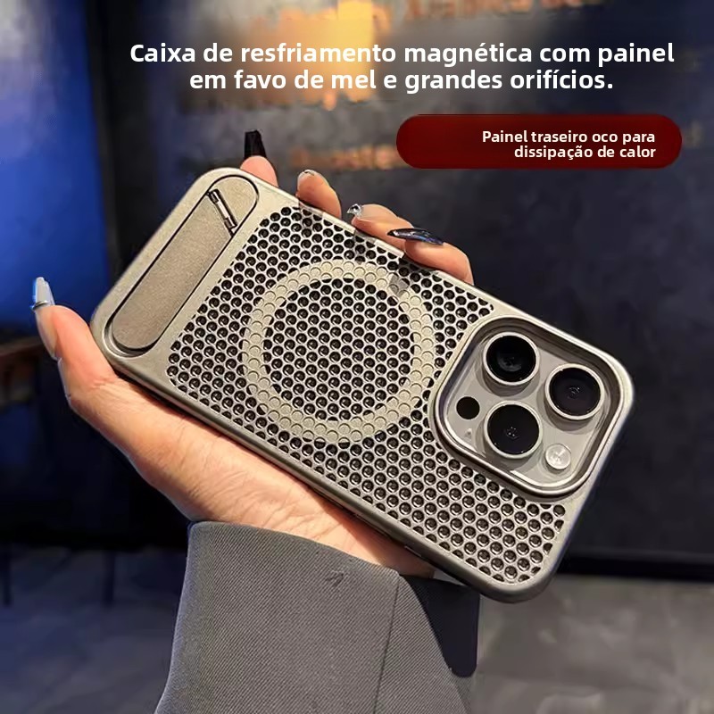 Adequado para iPhone14, 15, 16, 17Pro Max Full Range Metal Honeycomb Cooling Suporte magnético Capa de telefone resisten