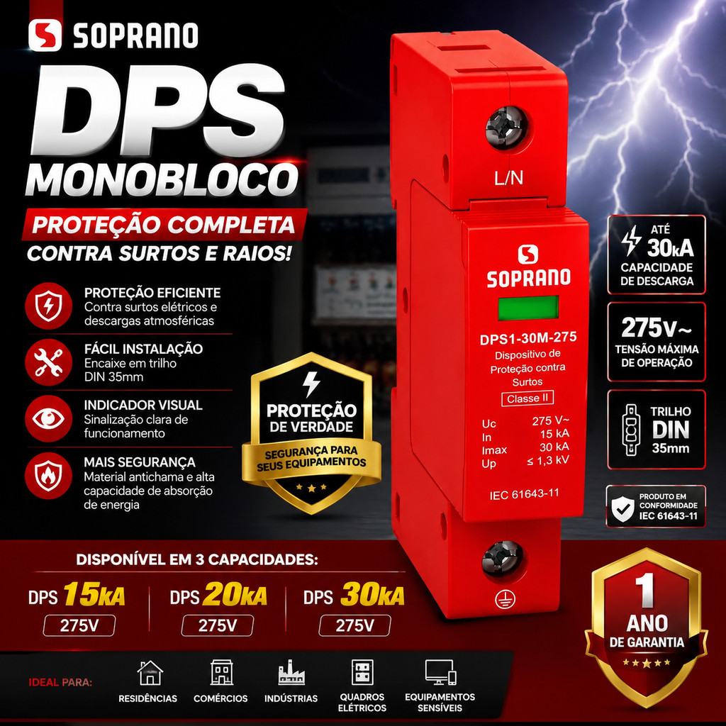 Protetor Surto DPS Monobloco Soprano 15kA 20kA 30kA Proteção 275V