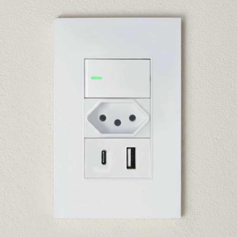 Tomada Interruptor Modular USB USB-C 10A 20A 110/220V Espelho Duplo Triplo Branco Parede