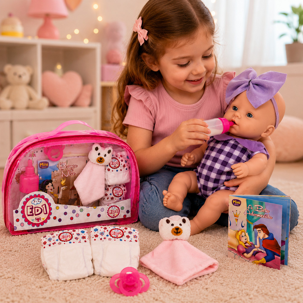 Boneca Bebê Reborn + Kit Nanar Fralda Mamadeira mágica Livro Infantil Fralda Naninha ED1 Brinquedos.