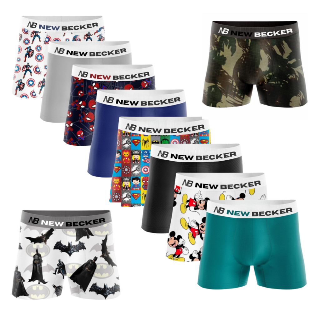 Kit 8 Cuecas Boxer Masculina Infantil Multicoloridas de Microfibra Lisas e Estampadas