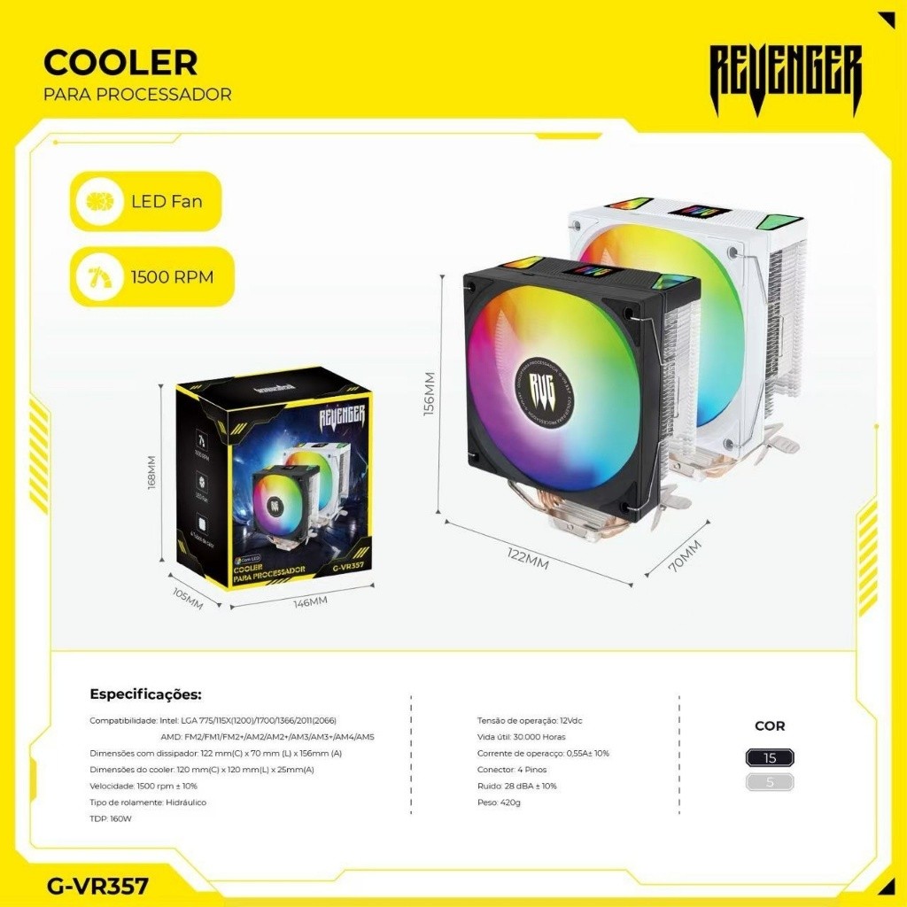 Cooler para Processador Alta Eficiência 4 Heatpipes 120mm RGB Intel AMD Gamer