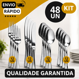 Jogo de Talheres 48 peças Aço Inox 12 Facas 12 Garfos de Mesa 12 Colheres e 12 Colheres d…