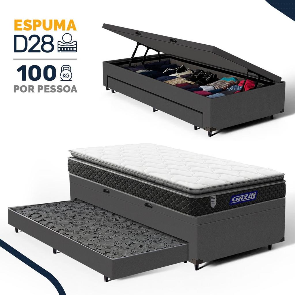 Cama Box Baú com Colchão Gazin de Espuma D28 Pillow Top Ortoblack + Auxiliar de Espuma Solteiro 88cm