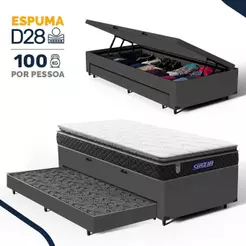Cama Box Baú com Colchão Gazin de Espuma D28 Pillow Top Ortoblack + Auxiliar de Espuma Solteiro 88cm