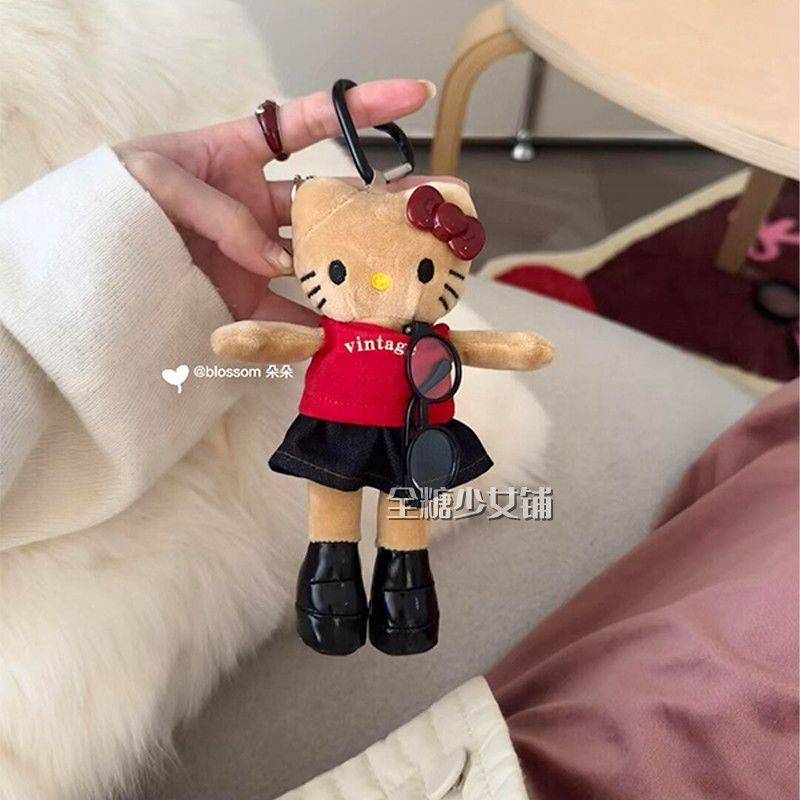 Saia jeans vermelha com pernas compridas kt gato bolsa de boneca de couro preto pingente doce estilo legal chaveiro