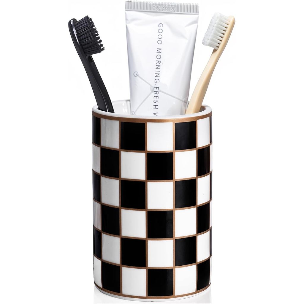 Suporte para Escovas de Dente Xadrez para Banheiro, Suporte para Escovas de Dente em Cerâmica Preta e Branca para Banhei