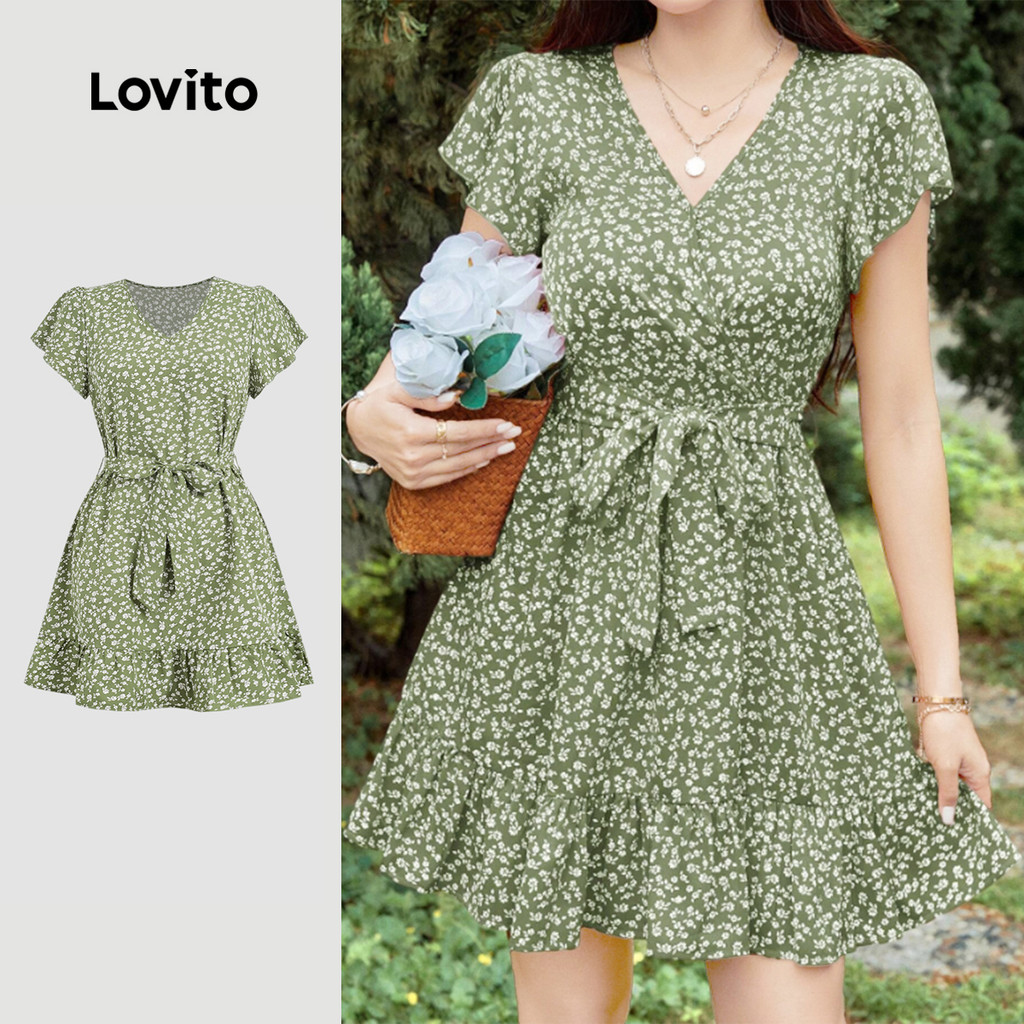 Lovito Vestido Boho com Laço Na Cintura e Babado Na Barra Verde Primavera/verão para Mulheres LK5ED468