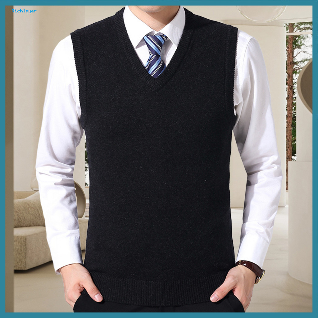 Men Sleeveless Vest Solid Color Men's V Neck Sweater Slim Fit Knitted Pullover Business Style Mid-length Thickened for C