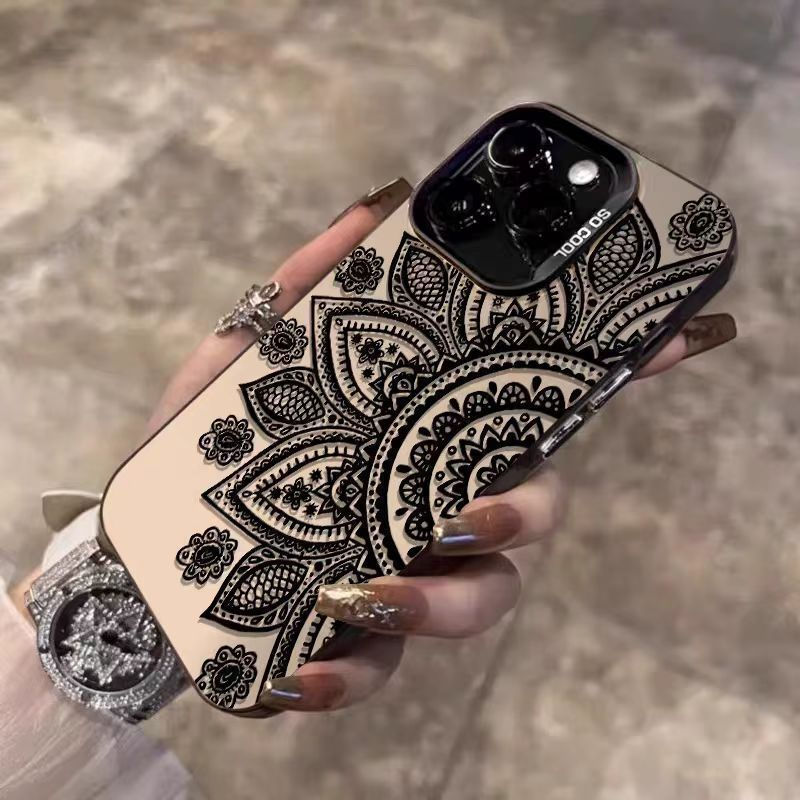 Capa de celular com design de mandala em preto e branco, adequada para iPhone 16 Pro Max, iPhone 15 Pro Max, 14.