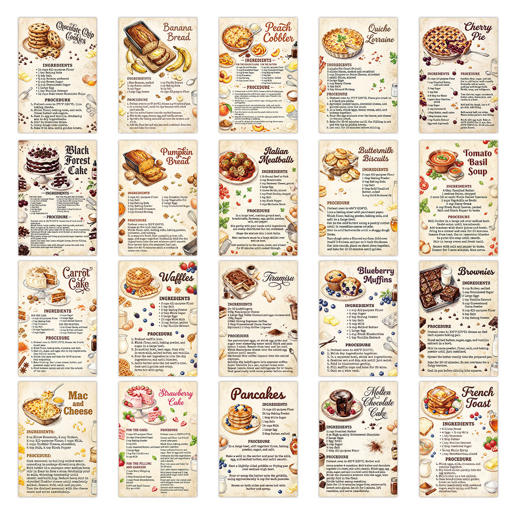 20 Peças Cartão De Receita Vintage Estética Sobremesa Bolo Comida Decoração De Parede Pôster Retrô Cozinha Adesivo Faça