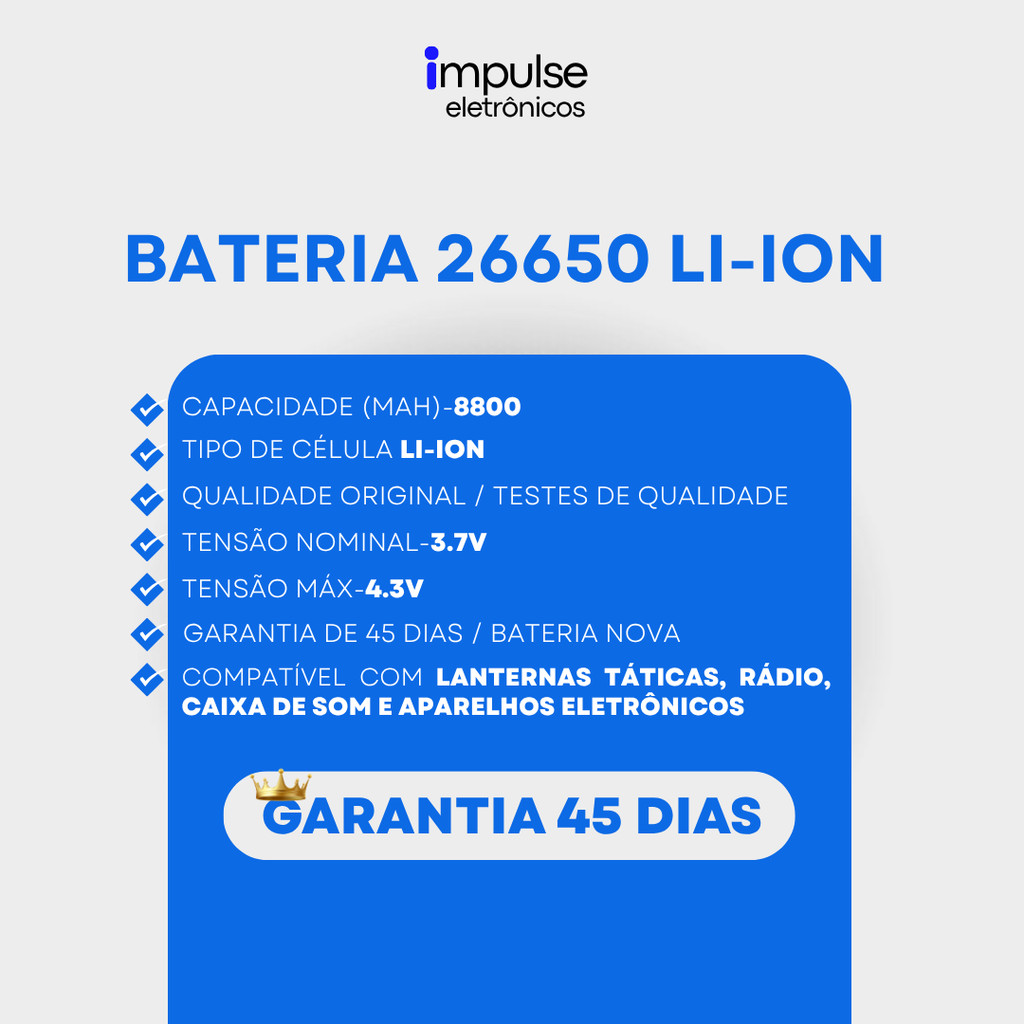Detalhes do 26650 Li-ion para Lanterna Tática e equipamentos - 8800 mAh 4,2v + NF + Entrega Direta