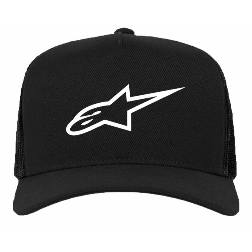 Boné Trucker Branco Personalizado Alpinestars Preto | Boné Masculino Aba Curva | Estilo Motocross Motoqueiro Casual