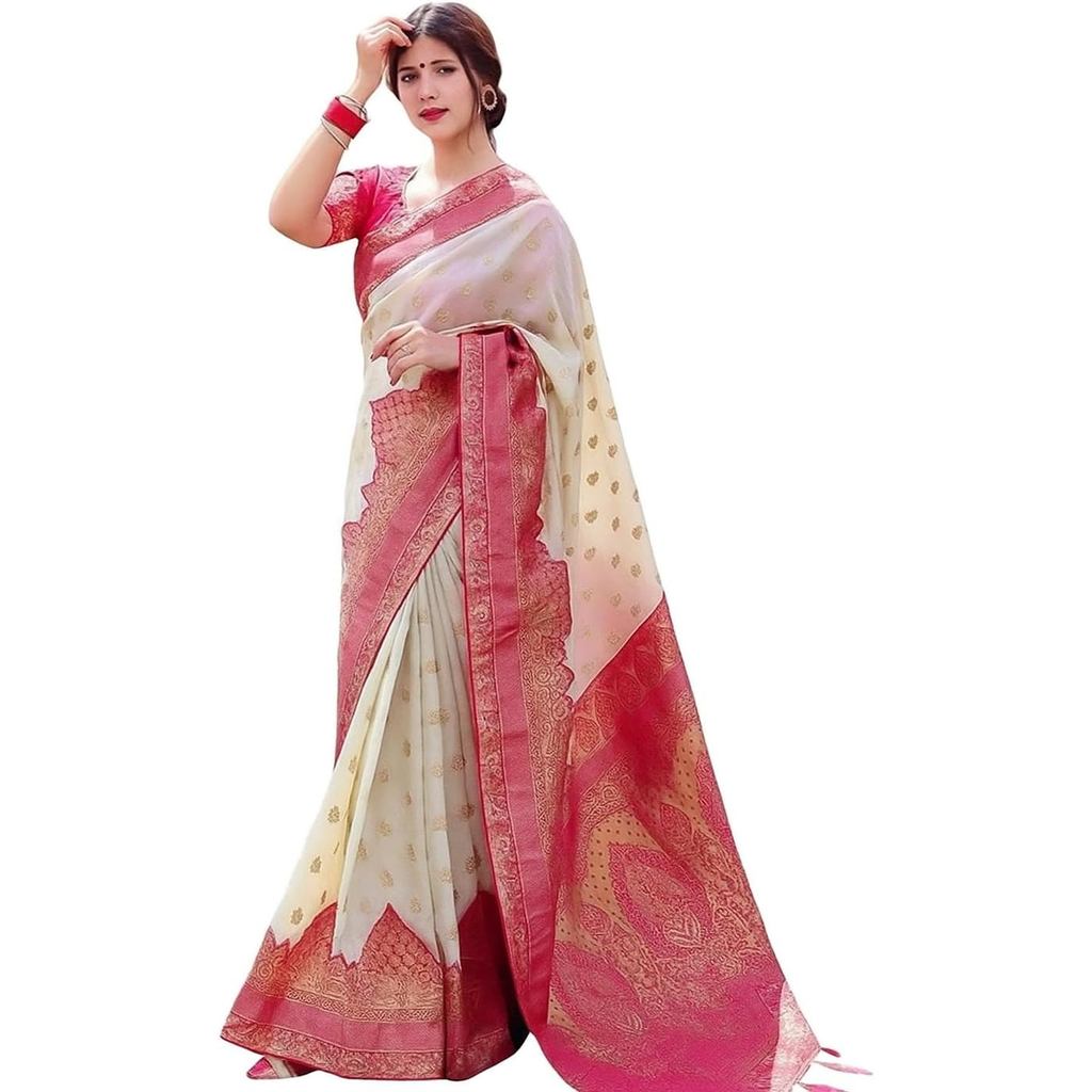 Saree De Seda Banarasi Feminino Em Creme Com Borda Zari Rosa – Tradicional Elegante Peça De Blusa