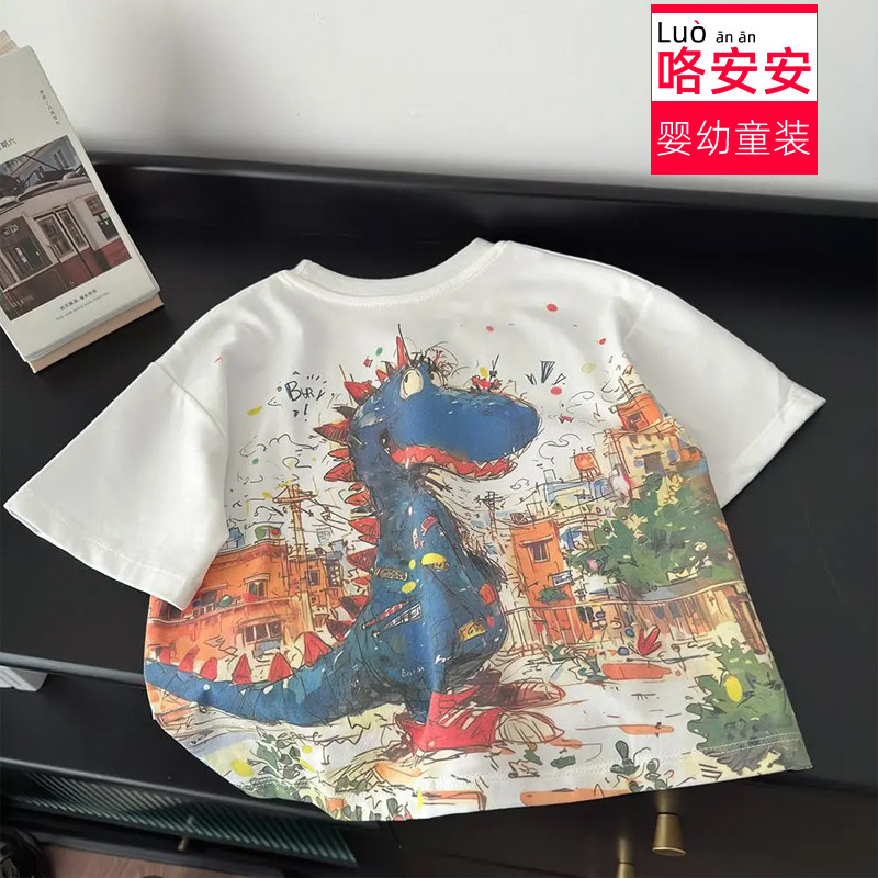 Meninos puro algodão dinossauro camiseta de manga curta roupas de verão 2025 novo estilo roupas infantis crianças bebê c