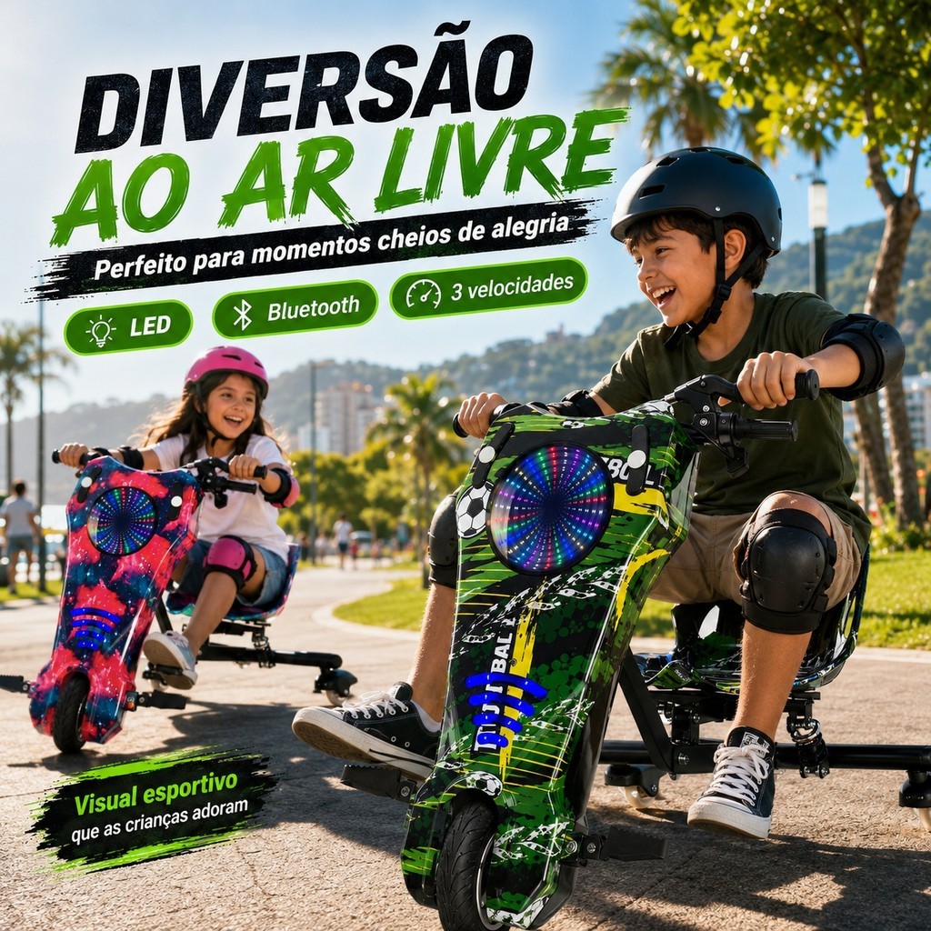 Kart Drift Elétrico para Crianças 250W Bateria 36V Roda 8 Pol Bluetooth e Suspensão