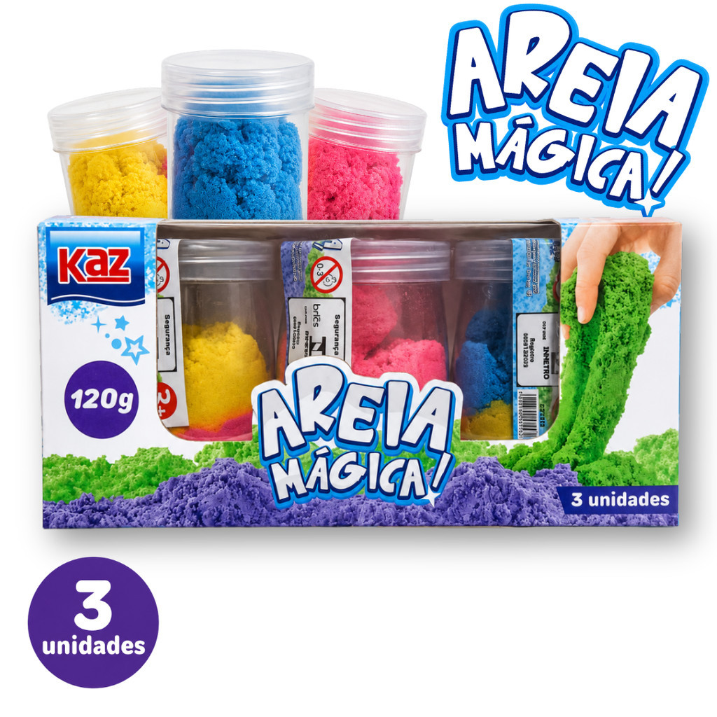 Areia Mágica Colorida 120g 3 Potes Areia Cinética Infantil Sensorial Para Modelar e Brincar