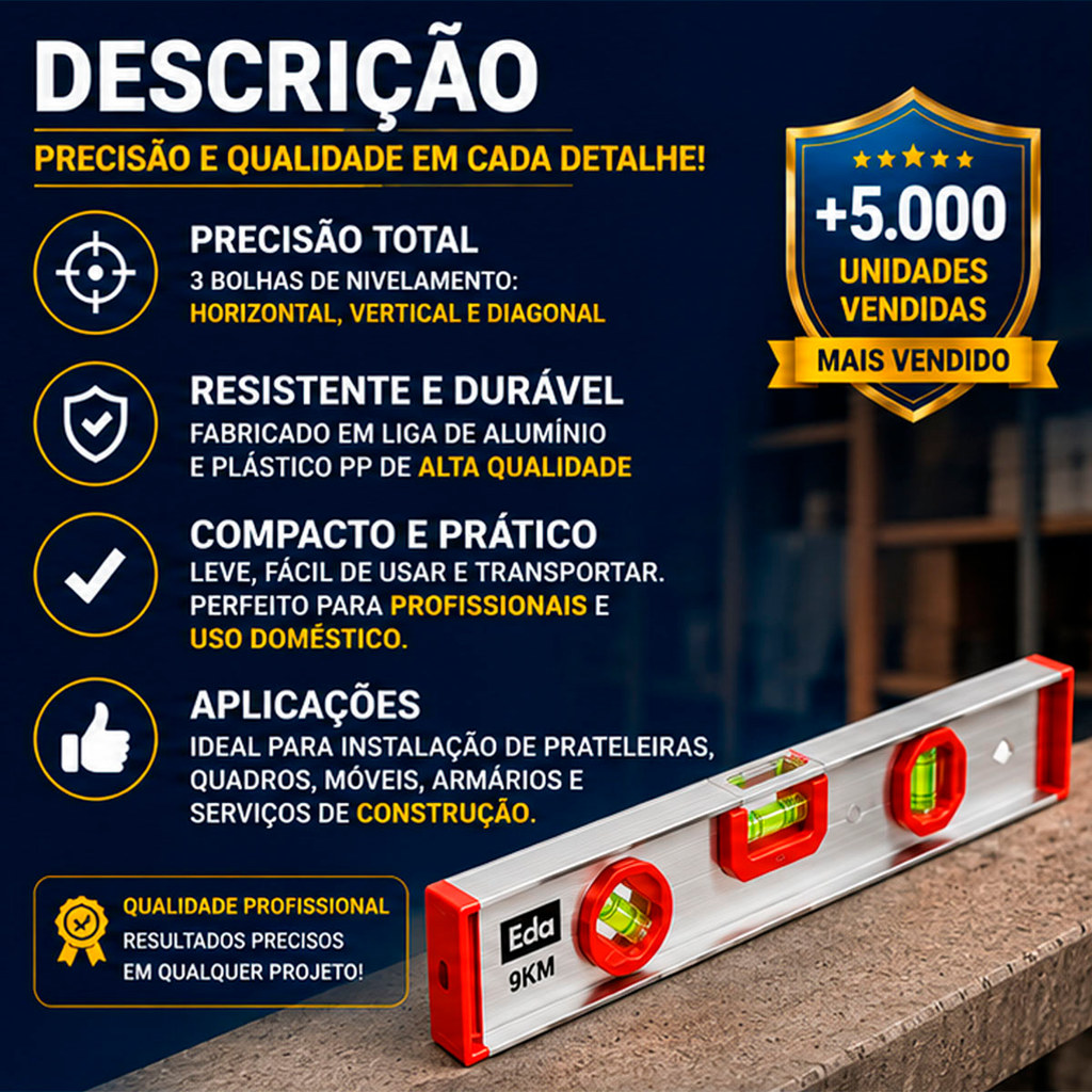 Nível De Alumínio EDA 30cm C/ 3 Bolhas Construção Reformas Instalações Nivelamento Perfeito · foto 2